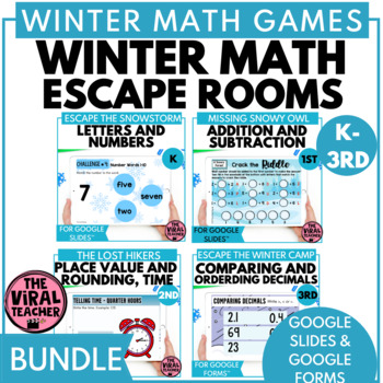 Preview of K - 3rd Grade Winter Math Escape Rooms Activity Google Slides™ Bundle