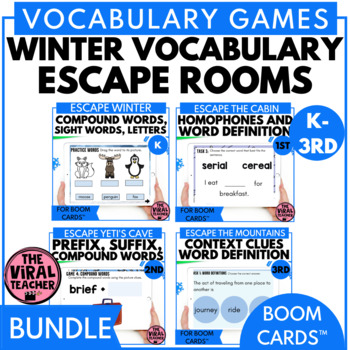 Preview of K - 3rd Grade Winter Vocabulary Escape Rooms Activities Boom Cards™ Bundle