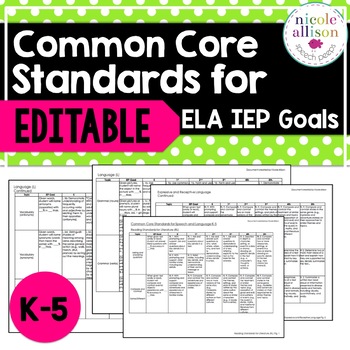 Preview of K-5 Common Core Standards Supporting IEP Goals for ELA  {Editable}