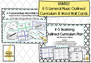 Preview of K-5 General Music OUTLINED Curriculum & Word Wall Cards BUNDLE