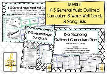 Preview of K-5 General Music OUTLINED Curriculum, Word Wall and Song Lists BUNDLE