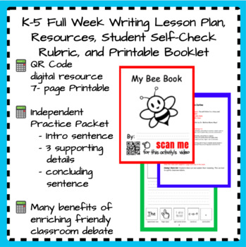 Preview of K-5 Writing 5-Day Bee Lesson Plan + Video Resource + Student Rubric