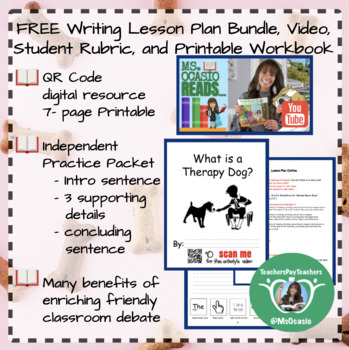Preview of K-5 Writing Therapy Dog Lesson Plan+ Video + Workbook + Student Rubric