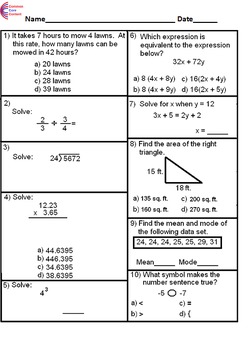 Preview of K - 6  Common Core Math Assessment  Bundle. 7 tests. Each with 10 questions.