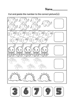 K.CC.3, K.CC.4 Counting: Cut and paste 1-10 How many? Printable No Prep