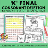 K Final Consonant Deletion Minimal Pairs Homework | Speech