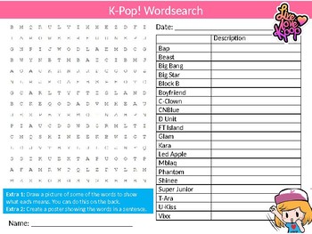 Preview of K-Pop KPop Wordsearch Sheet Music Bands Starter Activity Keywords