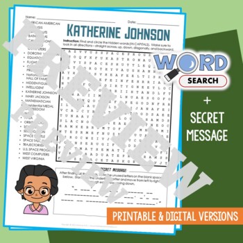 Preview of KATHERINE JOHNSON Word Search Puzzle Activity Vocabulary Worksheet Secret Code