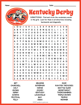 KENTUCKY DERBY Word Search Puzzle Worksheet Activity by Puzzles to Print