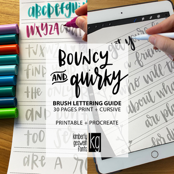 Preview of KG Fonts Bouncy & Quirky Brush Lettering Guide: Printable + Procreate