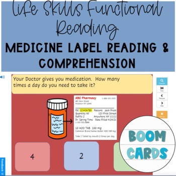 Preview of KG Life Skills Functional Prescription Label Reading & Comprehension Boom Cards
