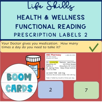Preview of KG Life Skills Prescription Label Reading & Comprehension Boom Card 2