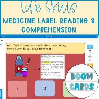 Preview of KG Life Skills Prescription Label Reading & Comprehension Boom Card 3