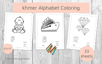 Preview of KHMER Alphabet Coloring Pages (33 pages), Printable Khmer Alphabet worksheet