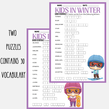 KIDS IN WINTER word scramble puzzle worksheet activity by Mind Games Studio