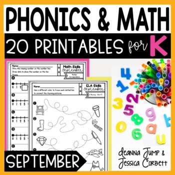 Preview of September Morning Work - Math and Phonics Worksheets for Kindergarten