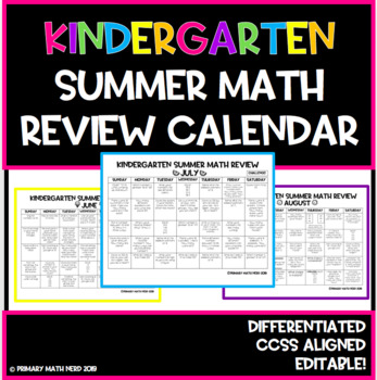 Preview of KINDERGARTEN Summer Math Review Calendar!! Differentiated! Editable!