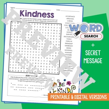Preview of KINDNESS Word Search Puzzle Activity Vocabulary Worksheet Secret Message