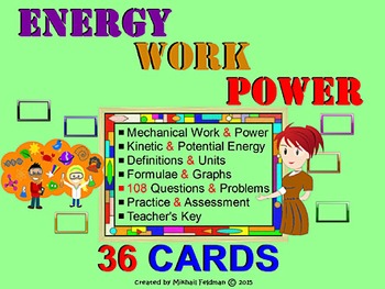 Preview of KINETIC & POTENTIAL ENERGY, WORK, POWER: 36 Task Cards w/Key 108 problems graphs