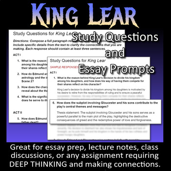 Preview of KING LEAR Study Questions & Essay Prompts (review, lecture) Word Document-DOCX