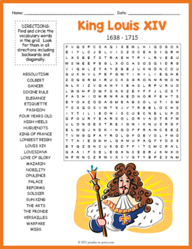 KING LOUIS XIV Biography Word Search Puzzle Worksheet Activity