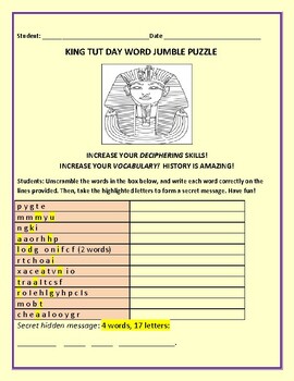 Preview of KING TUT DAY: NOVEMBER 4TH/  A WORD JUMBLE PUZZLE  W/ ANSWER KEY