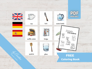 Preview of KITCHEN UNTENSILS • 30 Montessori Cards • German English Spanish Flash Card