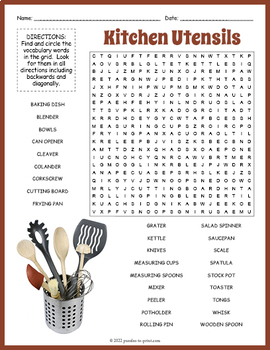 Preview of KITCHEN UTENSILS  - COOKING EQUIPMENT Word Search Puzzle Worksheet Activity