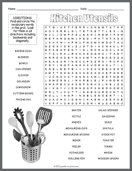 KITCHEN UTENSILS - COOKING EQUIPMENT Word Search Puzzle Worksheet Activity