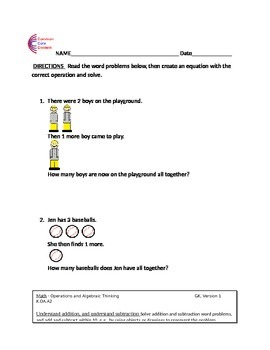 K OA A2 Word Problems Kindergarten Mon Core Math