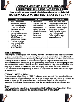 Preview of KOREMATSU V. US -How should national security be balanced against civil rights?