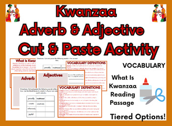 Preview of KWANZAA ADJECTIVE & ADVERB CUT & PASTE CRAFT ACTIVITY - HOLIDAY CUT AND PASTE