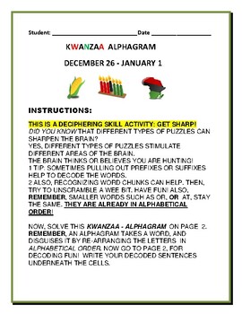 Preview of KWANZAA  ALPHAGRAM ACTIVITY: GRS. 4-8  W/ANSWER KEY