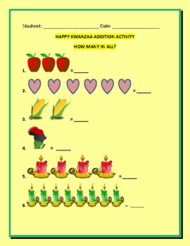 Preview of KWANZAA MATH ADDITION ACTIVITY: HOW MANY IN ALL?  PRE-K- 1