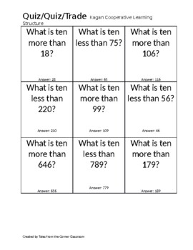 Preview of Kagan Structure Quiz, Quiz, Trade 10 more, 10 Less
