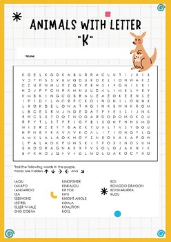 Preview of Kaleidoscope of Animals: Discover Creatures Beginning with K - Wordsearch