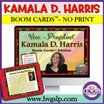 Preview of Kamala Harris BOOM CARDS  Black History Women's History Month Comprehension Unit