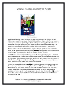 Preview of Kamala Harris: Short Biographical Reading with Comprehension Questions