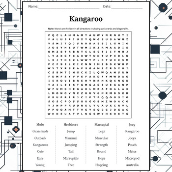 Kangaroo Word Search Puzzle Worksheet Activity by Word Search Corner