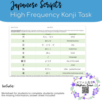 Preview of Kanji Task | High Frequency Words