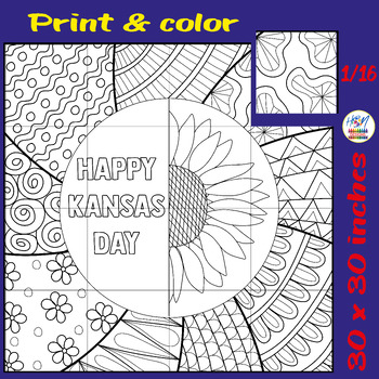Preview of Kansas Day Activities Sunflower Collaborative Coloring Poster, Bulletin Board