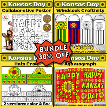 Preview of Kansas Day Sunflower Bundle: Hat Crafts, Activities, Collaborative, Agamograph..