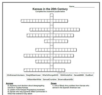 Kansas History UNIT 19 Kansas in the 20th Century Crossword Puzzle