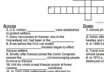 Kansas History Unit 15 Post Civil War Kansas Crossword Puzzle