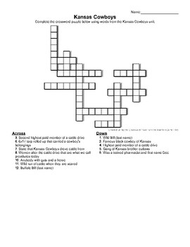 Kansas History Unit 5 Kansas Cowboys Crossword Puzzle TPT
