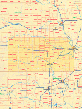 Preview of Kansas map with cities township counties rivers roads labeled