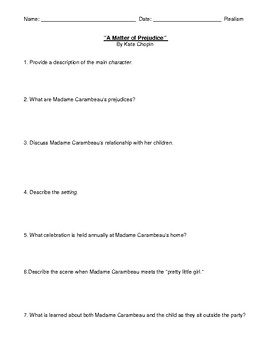 Preview of Kate Chopin's "A Matter of Prejudice" Worksheet (or Test) & Detailed Answer Key