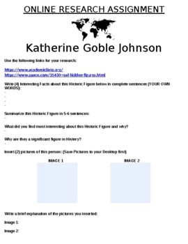 Preview of Katherine Goble Johnson "Mini Research" Online Assignment (Hidden Figures)