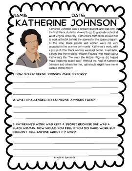 Preview of Katherine Johnson No-Prep Differentiated Worksheet ~ Black History Month ~ Women