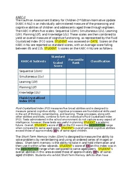 Preview of Kaufman Assessment Battery for Children, 2nd Edition (KABC-2) Template